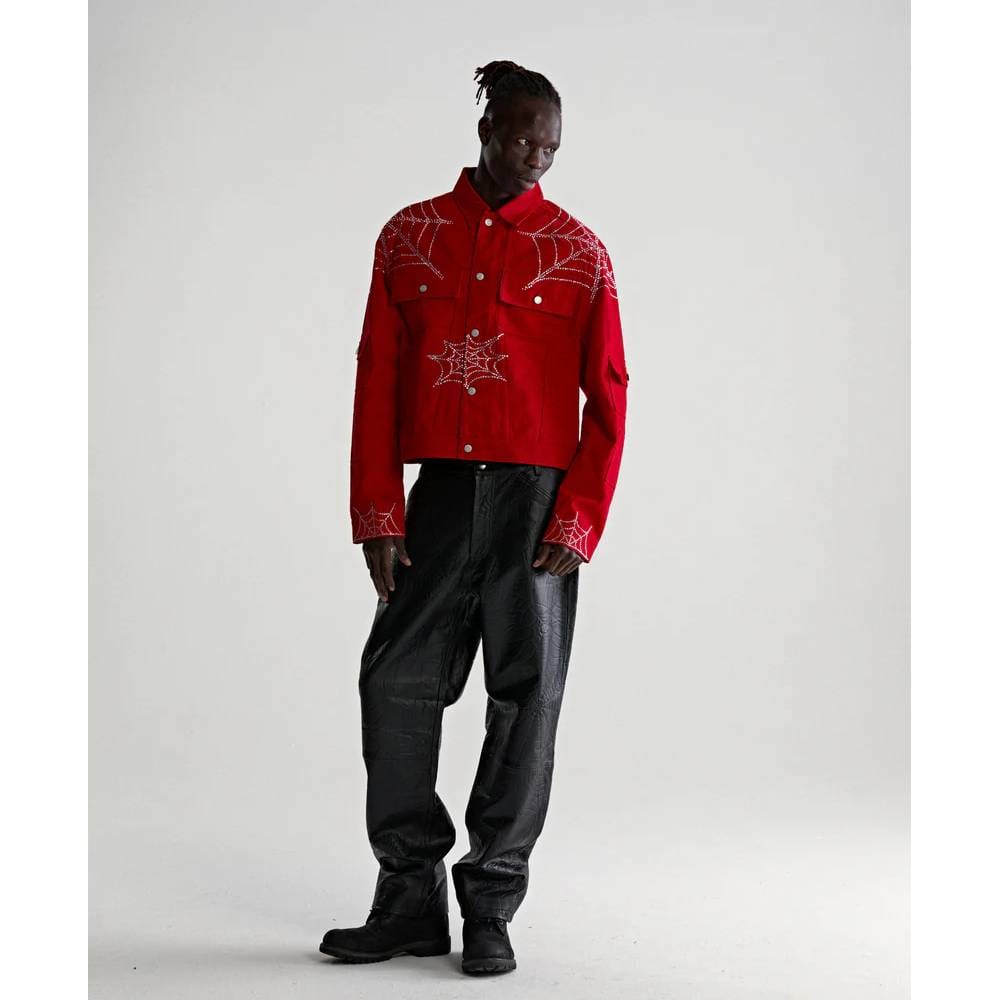 Sp5der Red Web Denim Cropped Trucker Jacket